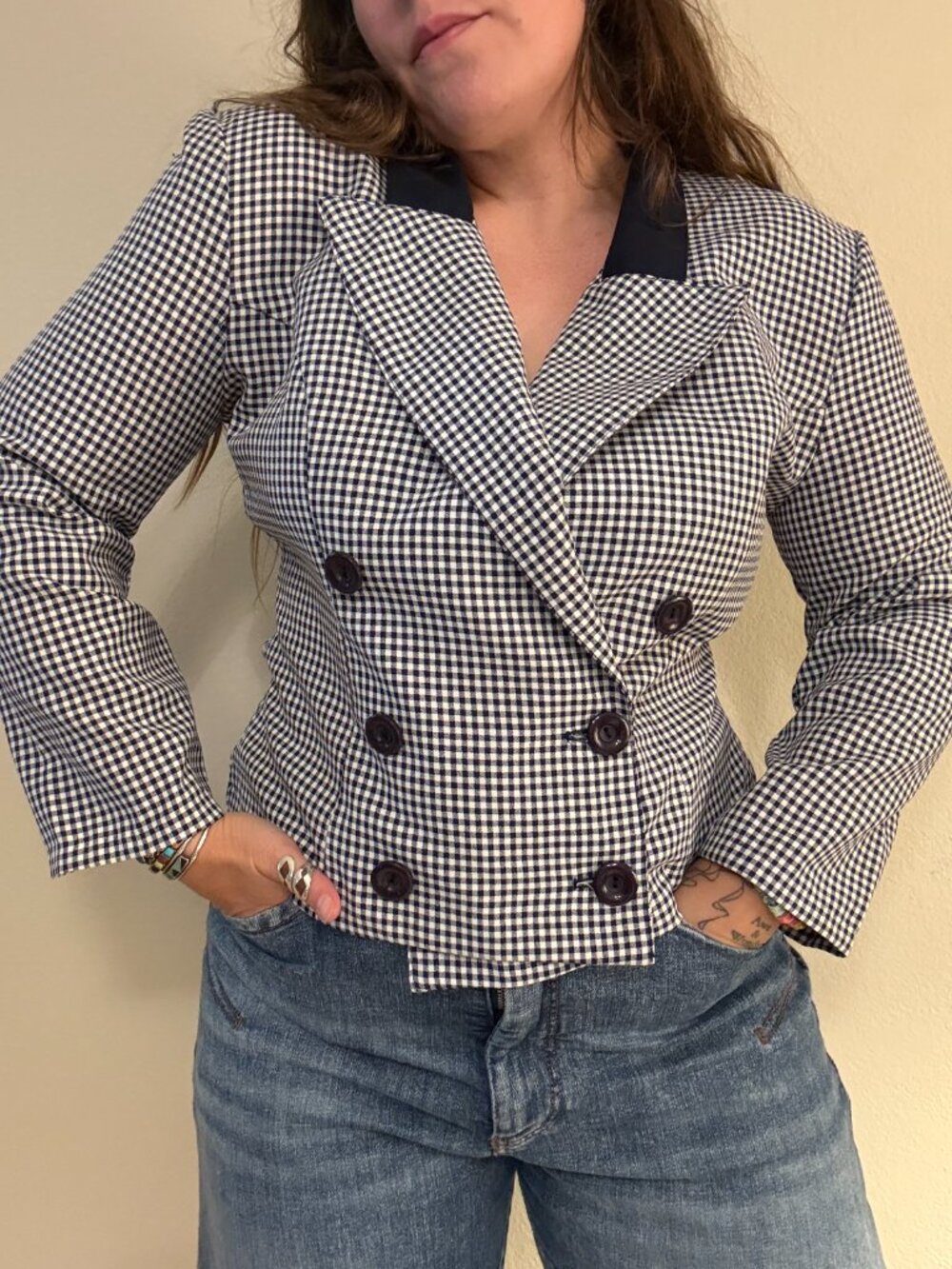 PRICE FIRM Vintage 90s Brioche Gingham Double Breasted Boxy Blazer Jacket Navy